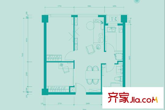 空港国际P-B1户型 2室2厅1卫1厨