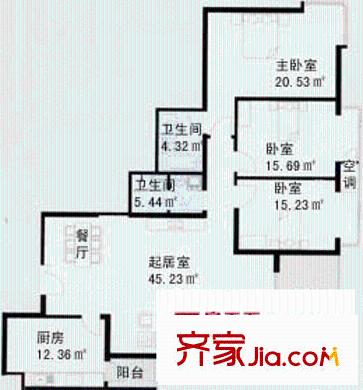 新天第户型图C户型 3室2厅2卫1厨