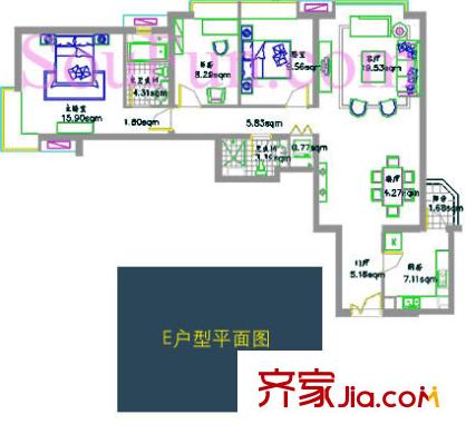 京贸国际公寓户型图G座E户型 3室1厅2卫1厨