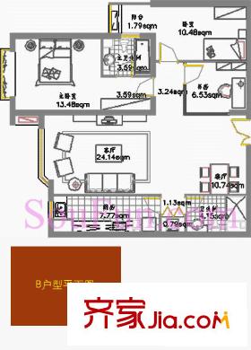 京贸国际公寓户型图G座B户型 3室1厅2卫1厨