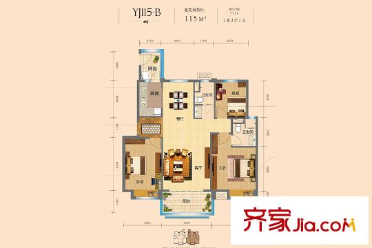 碧桂园九龙湾151#楼YJ115B户型图 3室2厅2卫1厨