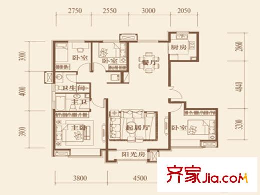 首开・国风美仑D户型 4室2厅2卫1厨