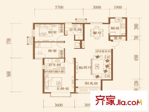 首开・国风美仑A户型 3室2厅2卫1厨