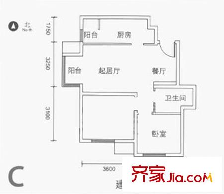 远洋润园户型图C户型 2室1厅1卫1厨