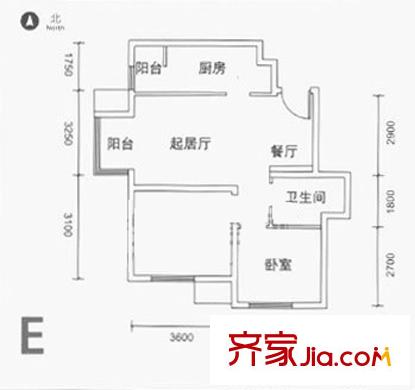 远洋润园户型图E户型 2室1厅1卫1厨