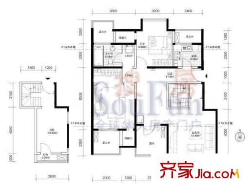 紫城嘉园户型图11-16号楼A跃户 3室2厅1卫1厨