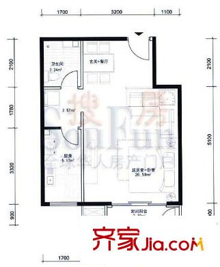 紫城嘉园户型图K1户型 1室1厅1卫1厨