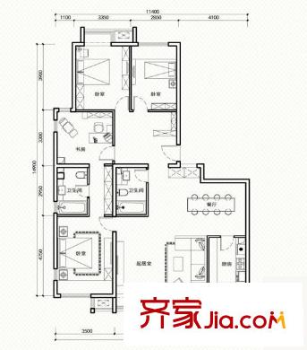 凯德锦绣户型图B1+C1户型 4室2厅2卫1厨