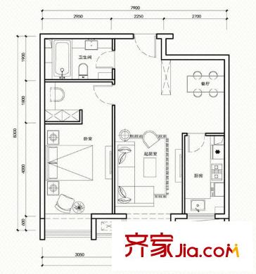 凯德锦绣户型图B1户型 1室2厅1卫1厨