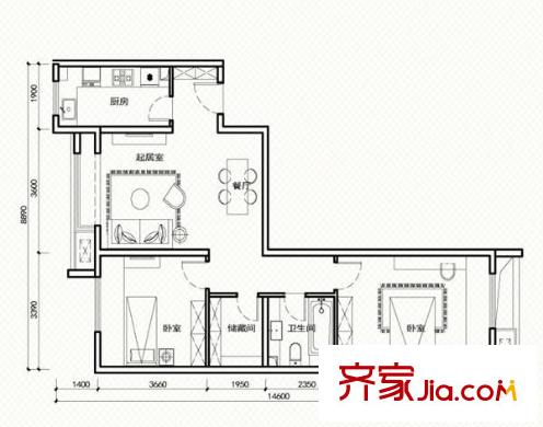 凯德锦绣户型图C3户型 2室2厅1卫1厨
