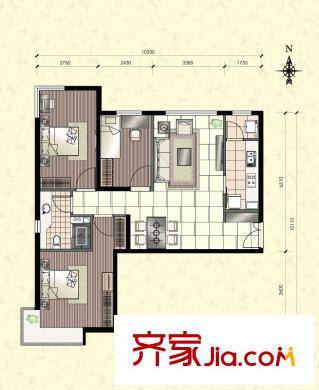 北京华贸城24#C2户型(售罄) 3室2厅1卫1厨