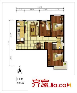 北京华贸城25#-1-01户型 3室2厅2卫2厨