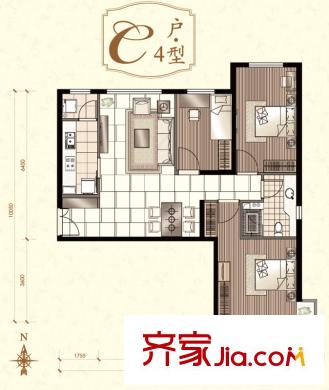 北京华贸城25#C4户型 3室2厅1卫1厨