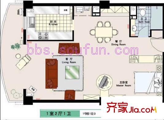 乐澜宝邸户型图1号楼1段D户型 1室2厅1卫1厨
