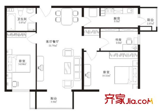 杰座大厦 3室 户型图