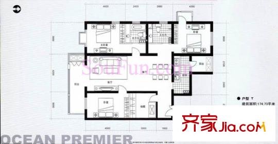 远洋德邑户型图5#T户型 3室2厅2卫1厨