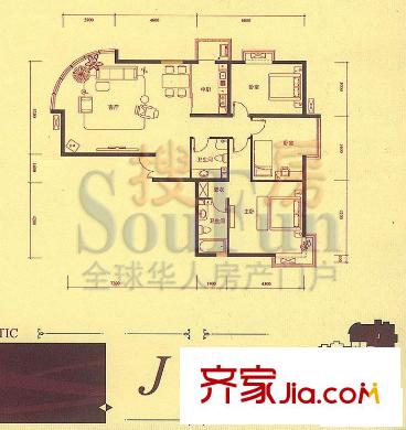 新华联丽景户型图5、6号楼J户型 3室2厅2卫1厨
