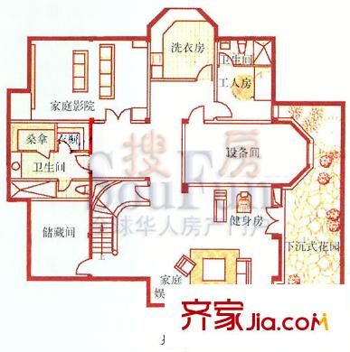 西山美庐户型图H’地下平面户型 1室2卫