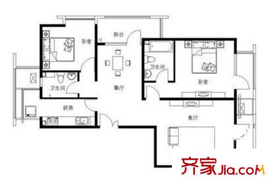 领秀硅谷户型图户型图 2室2厅2卫1厨