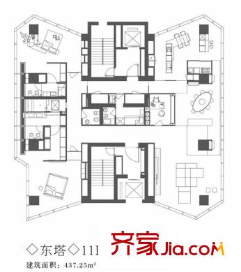 昆仑公寓户型图东塔11F户型 3室2厅4卫1厨