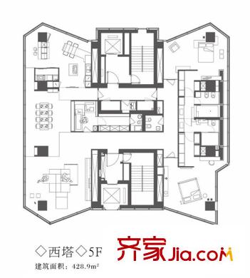 昆仑公寓户型图西塔5F户型 3室2厅4卫1厨
