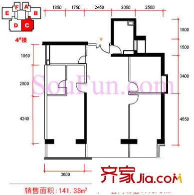 万达广场户型图4楼C户型 3室2厅2卫1厨