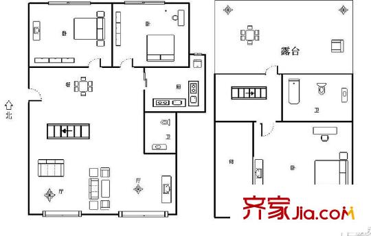 山水文园二期户型图户型图 3室1厅2卫1厨