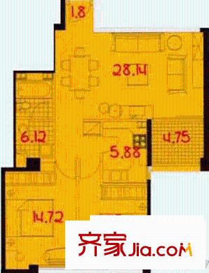 日坛晶华户型图K户型 2室2厅1卫1厨