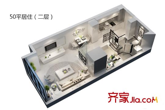 绿地诺亚方舟3#50平居住(二层)户型 2室2厅1卫1厨