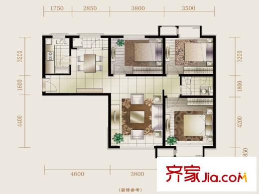 华业东方玫瑰C2#-1-02户型 3室2厅1卫1厨