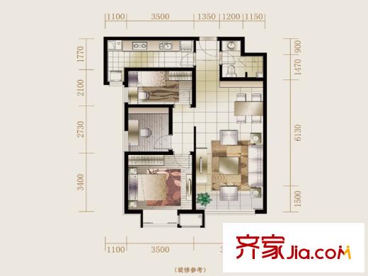 华业东方玫瑰C2#-1-01户型 3室2厅1卫1厨