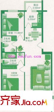 柳岸景园户型图户型图 2室2厅2卫1厨