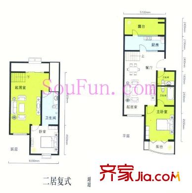 柳岸景园户型图二居复式户型 2室2厅3卫1厨