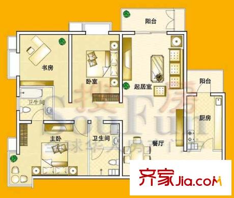 特区808户型图1号楼06号01户型 3室2厅2卫1厨