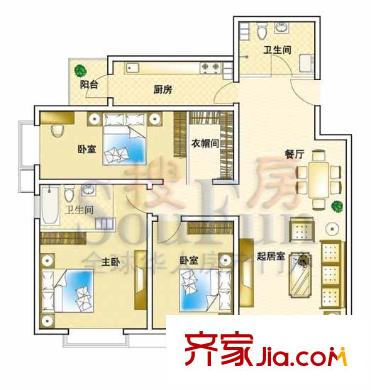 特区808户型图1号楼04号02户型 3室2厅2卫1厨