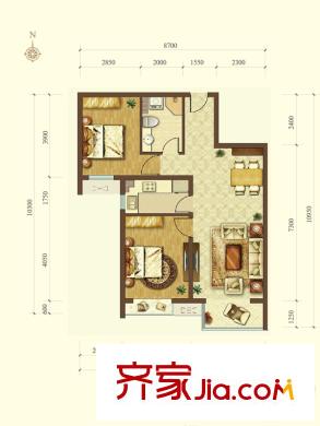 首開國風(fēng)美唐三期18、19#標(biāo)準(zhǔn)層C2戶型圖 2室2廳1衛(wèi)1廚