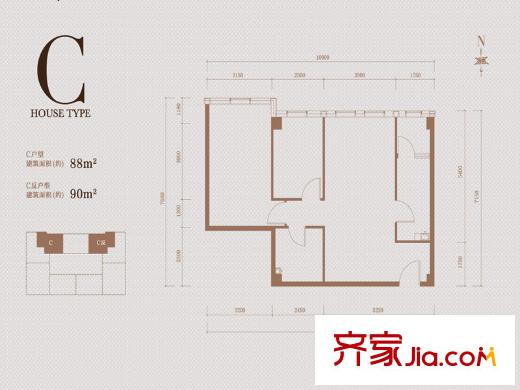 鹭平方米国际户型图公寓C户型户型图 2室2厅1卫1厨