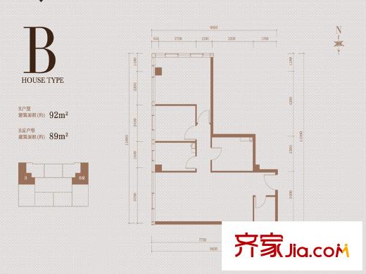 鹭平方米国际户型图公寓B户型户型图 3室2厅1卫1厨