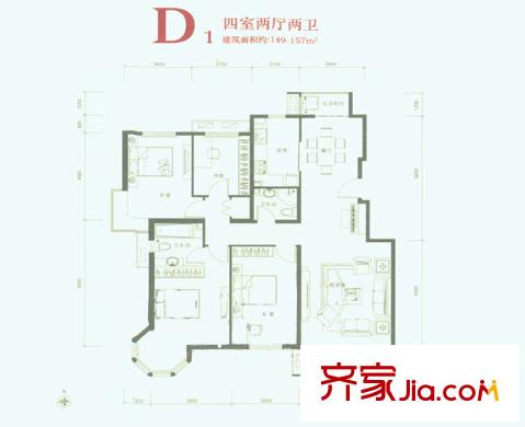 翠林漫步D1户型 4室2厅2卫1厨