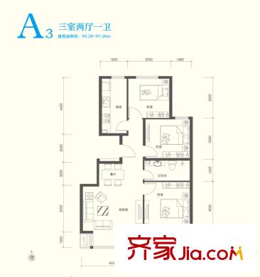 翠林漫步A3户型 3室2厅1卫1厨