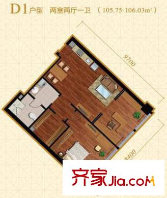 金澳国际户型图D1户型 2室2厅1卫1厨
