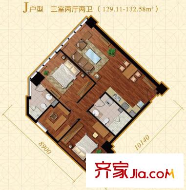 金澳国际户型图J户型 3室2厅2卫1厨