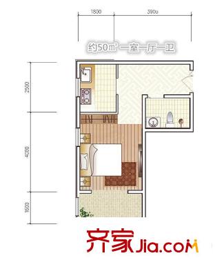 盛世尚水城G10#樓50平方米B戶型 1室1廳1衛(wèi)1廚