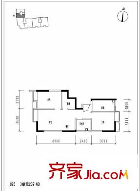 美利山户型图C26号楼3单元202-602户型 2室2厅1卫1厨