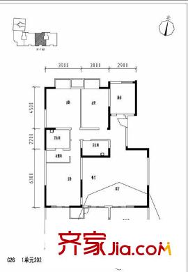 美利山户型图C26号楼1单元202户型 3室2厅2卫1厨
