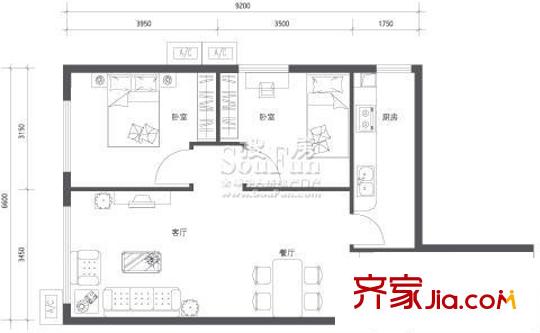 学院派户型图b17户型(售完) 2室2厅1卫1厨