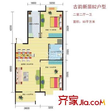 古韵新居户型图B2户型―93平方米 2室2厅1卫1厨