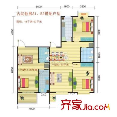 古韵新居户型图A1、B2搭配 3室3厅2卫2厨