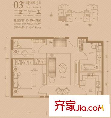 悠唐大都会户型图8号楼1座03户型 2室2厅1卫1厨
