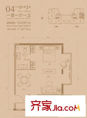 悠唐大都会户型图8号楼2座04户型 1室1厅1卫1厨